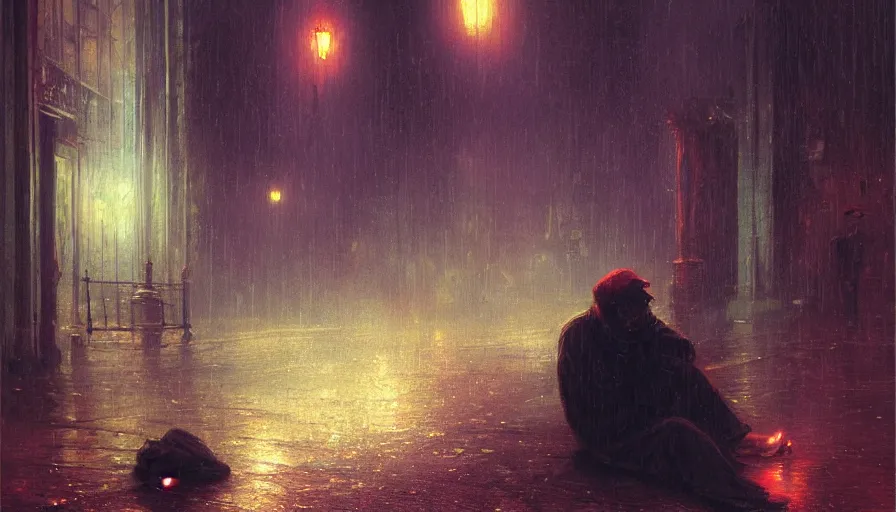 Image similar to Homeless man with divine glowing eyes begging for money in a raining dark city alley by Marc Simonetti and Delphin Enjolras