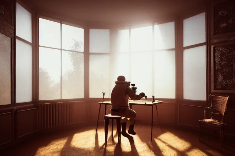 Image similar to a single cosmonaut in a spacesuit drinks a steaming cup of tea at an old wooden desk in a richly decorated Victorian house. the autumn light comes in through a window and dimly illuminates the room, diffuse light, octane render