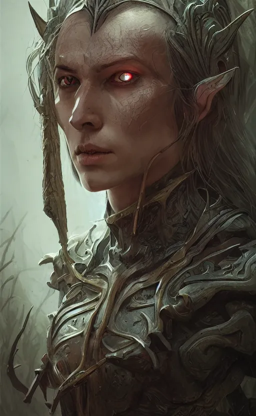 Image similar to portait of elven hunter hunting forest monster, symmetrical face features, front game card, drark, marvel comics, dark, intricate, highly detailed, smooth, artstation, digital illustration by ruan jia and mandy jurgens and artgerm and wayne barlowe and greg rutkowski and zdislav beksinski