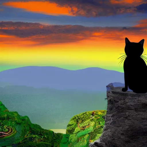 Image similar to a black cat sitting on top of a mountain enjoying the view, stunning digital art