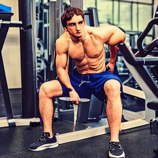 Prompt: “a realistic photo of a guy who is an attractive college jock working out at the gym who is part cyborg and part humanoid, who is a robot”