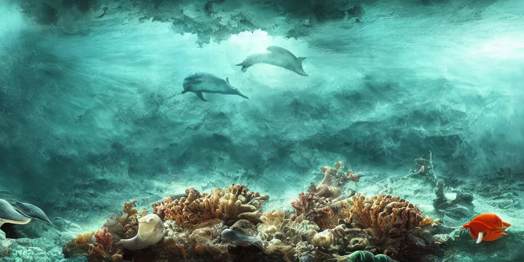 Prompt: underwater shipwreck surrounded by coral and dolphins and sea turtles, caustics, shallow depth of field, moody lighting, 8 k, concept art,