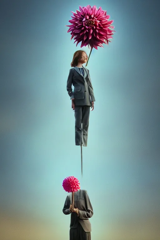 Image similar to closeup giant dahlia flower head, frontal, girl in a suit, standing in street, surreal photography, sunrise, dramatic light, impressionist painting, digital painting, artstation, simon stalenhag