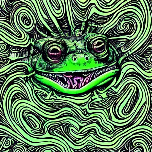 Image similar to closeup of an adorable, eldritch frog abomination of unimaginable horror by h. r. giger and junji ito, speculative evolution, psychedelic illustration, op art with big bold patterns