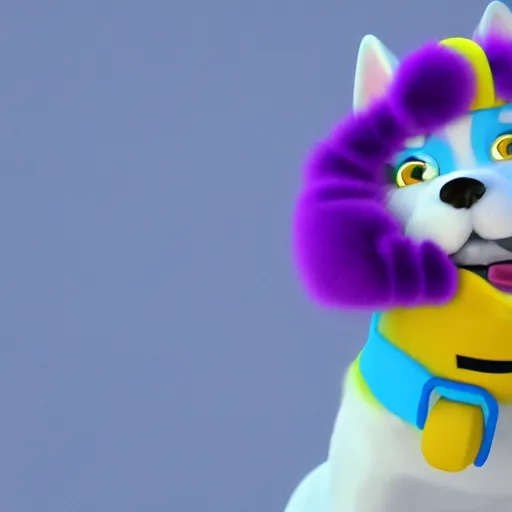 Prompt: snow rescue husky, cyan and purple snow suit, yellow headband, purple and cyan snowmobile, 3 d model, cartoony, pixar style, artstation, unreal engine, on a mountain, noon, 4 k, ultra quality