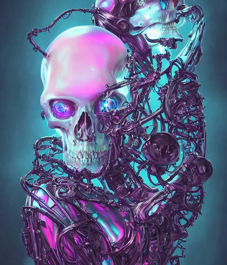 Image similar to fully symmetrical centered iridescent portrait of a beautiful princess of death in robe. skulls artificial muscles, ribcage, bones, hard surface modelling. cyberpunk look. biomechanical mask. bio luminescent biomechanical halo around head. neon jellyfish. artwork by jarold Sng by artgerm, by Eddie Mendoza, by Peter mohrbacher by tooth wu, unreal engine, octane render, cinematic light, high details, iridescent colors, dichroic, macro, depth of field, blur