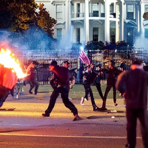 Prompt: a still ofewoks rioting in front of a the white house in washington.!!!, flaming torches and pitchforks