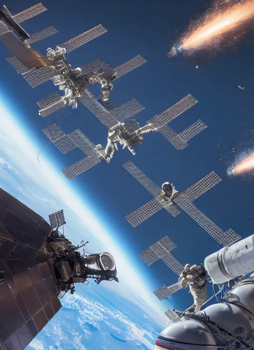 Prompt: closeup hyperdetailed shot of taikonauts cosmonauts and astronauts connecting iss with tiangong space station by ross tran, thierry doizon, craig mullins, ilya kuvshinov, artgerm, edward hopper, dan mumford, wlop, rutkovsky, carl spitzweg, moebius, unreal engine 5, lumen, nanite