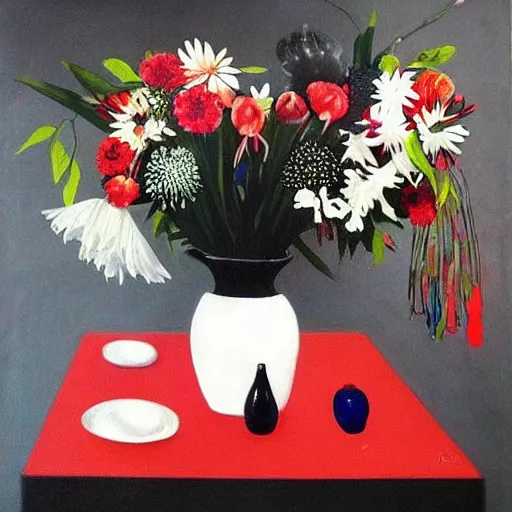 Prompt: “art in an Australian artist’s apartment, portrait of a woman wearing black silk cloth, sexy luscious fresh raspberries and strawberries and blueberries, white wax, edible flowers, Japanese pottery, Australian native flannel flowers ikebana, black walls, acrylic and spray paint and oilstick on canvas”