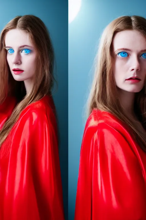 Image similar to a girl with cold blue eyes, standing in a dark room under the bright lighting of cold lamps, in bright red silk clothes golden ratio, by james jean, medium close - up, perfect composition, dramatic, medium close - up ( mcu ), cannon ef 6 5 mm f / 2. 8