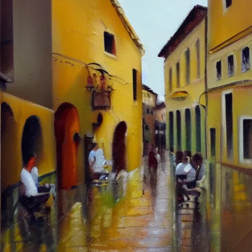 Image similar to drinking coffe in the rain, oil paiting, italian city