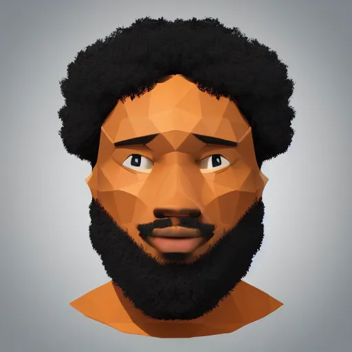 Image similar to low polygon render of a black man with afro hair and raspy bear stubble, high quality, clean, sharp