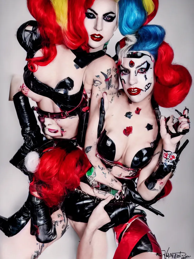 Image similar to pinup portrait of lady gaga as harley quinn, fashion photography,