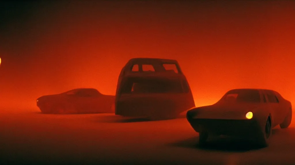 Prompt: the car made of glowing wax, film still from the movie directed by Denis Villeneuve and David Cronenberg with art direction by Zdzisław Beksiński, wide lens