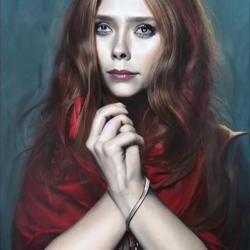 Image similar to ultra realistic portrait painting of elizabeth olsen as scarlet witch, art by frank frazetta, 4 k, ultra realistic, highly detailed, epic lighting.