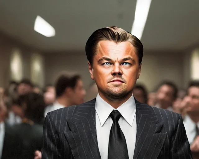 Image similar to leonardo dicaprio as the wolf of wall street, cinamtic, long shot, hyper detailed, hyper realistic face, 8 5 mm photograph, 8 k resolution, film still, sharp lens, wide lens