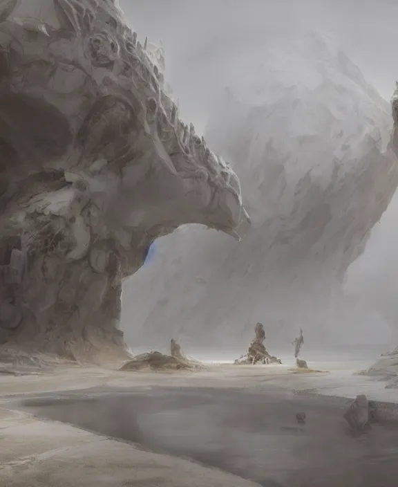 Prompt: surreal epic, masterpiece, romantic prometheus white exploration base, ancient ochre palette, building architecture by ruan jia, mecha floor, futuristic, blame, white architecture in the beach in iceland, foggy, highly detailed, digital painting, arstation, concept art, hyperealistic octane render, unreal engine