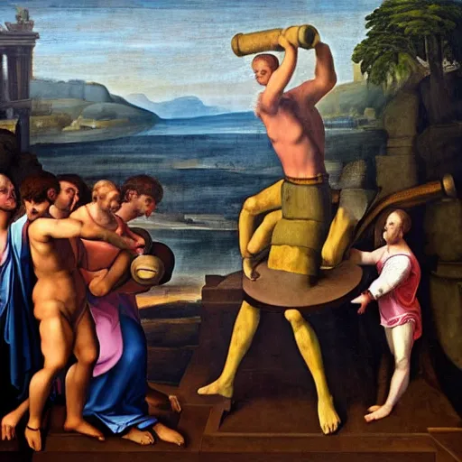 Image similar to renaissance painting of spongebob lifting weights