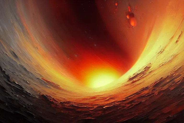 Image similar to a beautiful oil painting of the event horizon of a black hole, orange, warping, detailed, beautiful, awe - inspiring, bright, by greg rutkowski, trending on artstation