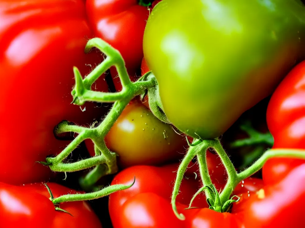 Image similar to a perfect portrait of a cross section of a tomato with tiny humans burrowing wormlike through its juicy interior. macro extreme, eye popping wet colours.