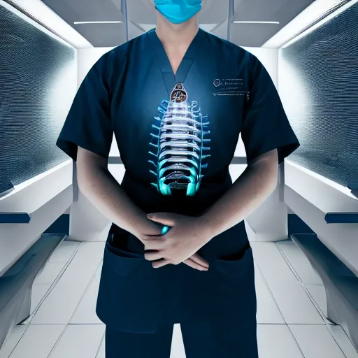 Image similar to ultra realistic and intricate detailed portrait photograph of a futuristic surgeon, standing inside futuristic operating room, full length, doctor, medicine, healthcare, technology, innovation, bright modern style, depth of field, ambient lighting, award winning, magazine cover,