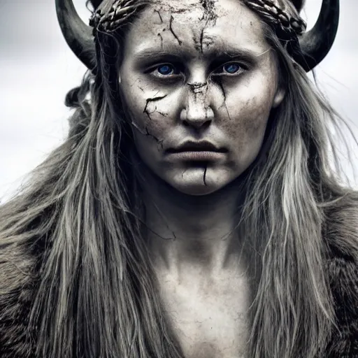 Prompt: Ultrawide realistic photo of a majestic viking woman, unbothered, battle-scarred mind-blowing details, hyperrealism, highly detailed face, ethereal, sadness, luxury, ominous, scarred, highly detailed, viking attire, cinematic, 16k, 1080s, smooth, sharp focus, by Stanley Artgermm, WLOP, trending on DeviantArt, trending on ArtStation, digital art, Smooth gradients, depth of field, shot on Canon Camera