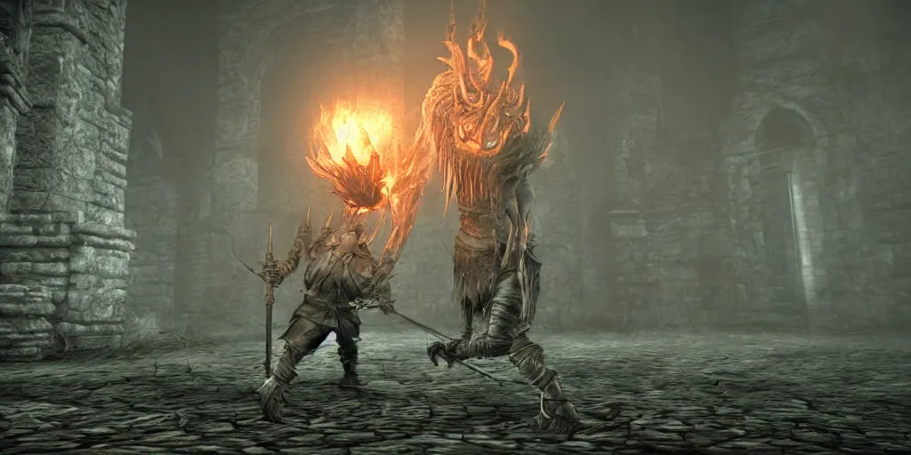 Image similar to minion as a darksouls boss, horror, hd, screenshot,