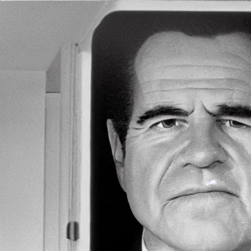 Image similar to a 1 9 7 0 s movie still of richard nixon trapped in a featureless white void room