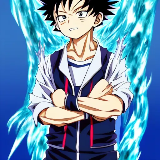 Image similar to an shonen art of an innocent boy with water powers and spikey hair by kazuki takahashi, in my hero academia, in full metal alchemist, 8 k, anime!!!!!!!!!!!!!!!, trending on artstation, portrait, big eyes!!!!!!, detailed eyes, official media, sharp
