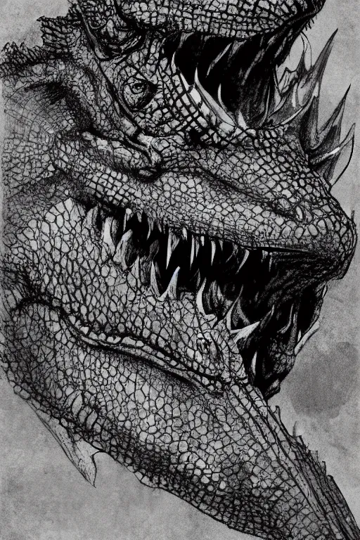 Image similar to the head of Godzilla, kaiju, sea creature, crocodile, sharp teeth, scary look, angry iguana by carlos huante