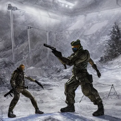 Image similar to Solid Snake from MGS and Gordon Freeman from Half-Life fight on an abandoned military base, winter, very detailed, hyper realism, epic, close-up fight, digital art, concept art, illustration, artstation, cgi, 4k