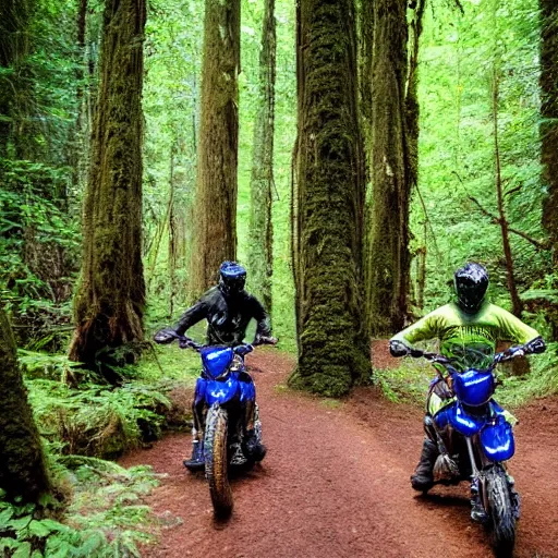 Prompt: two wringwraiths covered in slime riding yamaha dirtbikes in the hoh rainforest