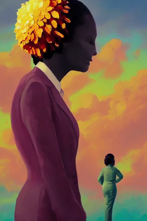 Image similar to portrait, giant flower as head, black woman in suit, surreal photography, golden hour, colorful clouds, impressionist painting, digital painting, artstation, simon stalenhag