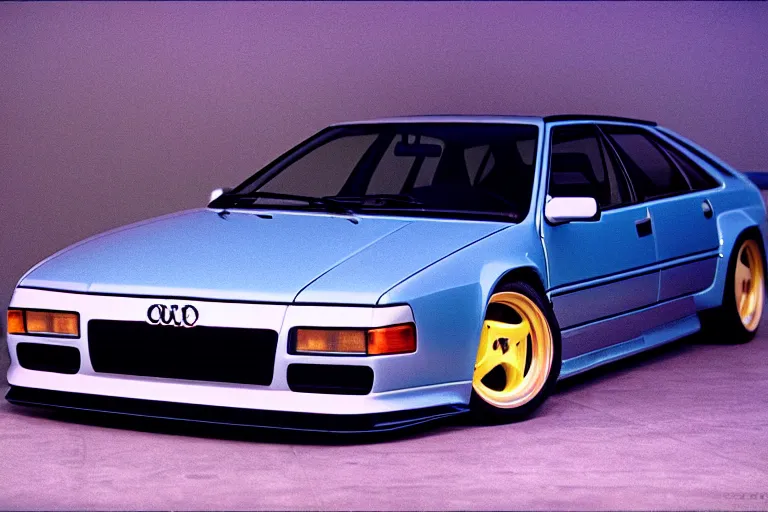 Image similar to designed by giorgetto giugiaro 1 9 9 1 audi rs 8 with turbine wheels, thick neon lights, ektachrome photograph, volumetric lighting, f 8 aperture, cinematic eastman 5 3 8 4 film