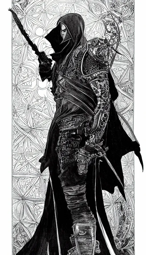 Image similar to a black and white ink fine ink drawing of a thief, from of thrones, in leather armor, fibonacci, sweat drops, intricate fashion clothing, concept art, smooth, sharp focus, illustration, art by alphonse mucha and travis charest