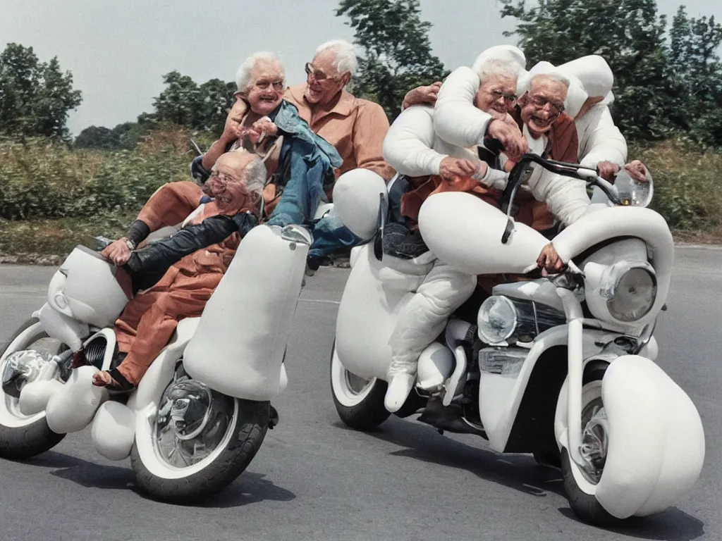 Prompt: a martin parr photo of a grandpa couple, wearing michelin man white body costumes, going super fast on a motorbike, 1 9 7 0 s kodachrome colour photo, flash on camera,