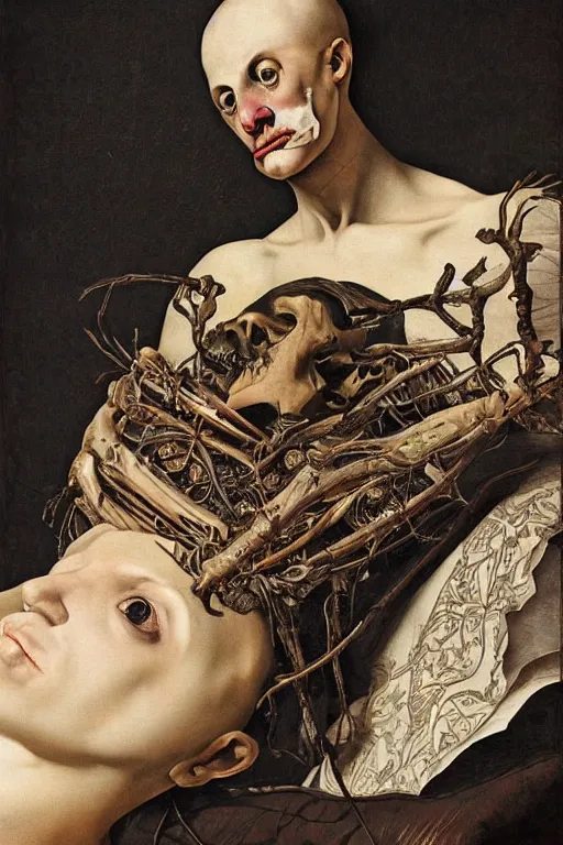 Image similar to Detailed maximalist portrait a man lying on bed with large lips and with large white eyes, exasperated expression, botany bones, HD mixed media, 3D collage, highly detailed and intricate, surreal illustration in the style of Caravaggio, dark art, baroque