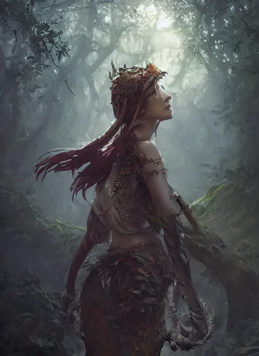 Prompt: female seductive forest legend of zelda queen of nature, beautiful face, rule of thirds, intricate outfit, backlit, by art germ, greg rutkowski, by jeremy mann, digital painting