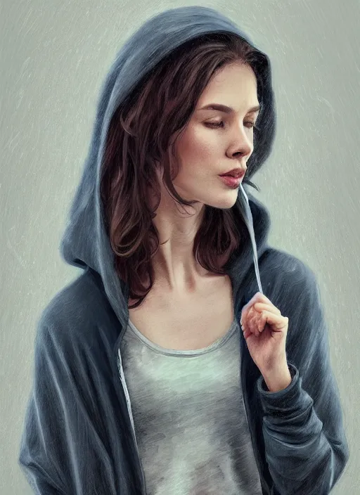 Prompt: catriona balfe, gray hoodie, jeans, beautiful hair, half body shot, path traced, highly detailed, high quality, digital painting, alena aenami, leonid afremov, lilia alvarado, shinji aramaki, karol bak, alphonse mucha, tom bagshaw