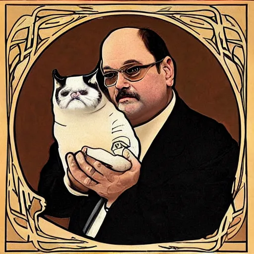 Image similar to “ george costanza from seinfeld holding grumpy cat, art nouveau, by alphonse mucha ”