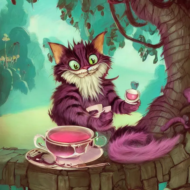 Prompt: cheshire cat drinking tea, by cory loftis, character art, art, very coherent, plain background, lighthearted, soft painting