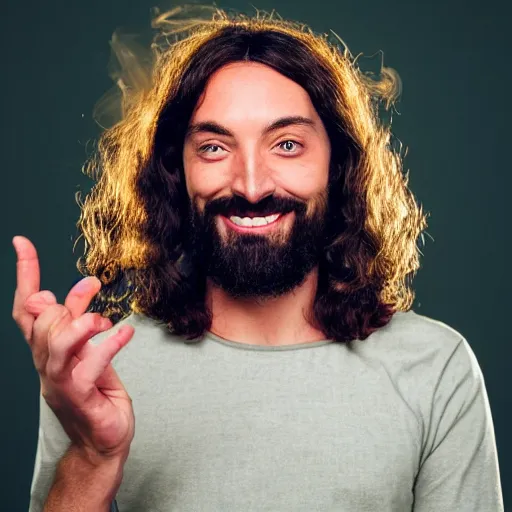 Prompt: Jesus smoking weed and laughing, profile picture, studio photography