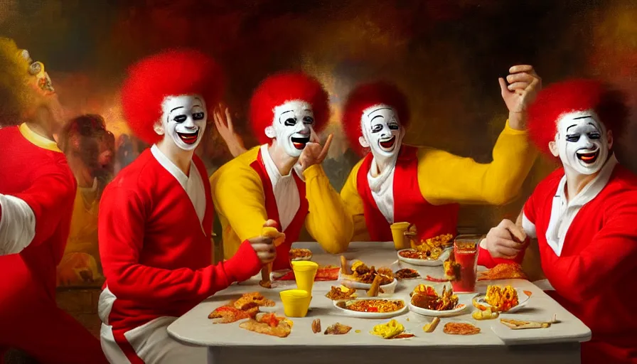 Image similar to highly detailed painting of a group of ronald mcdonalds with red afros, white facepaint, red noses and yellow tracksuits salsa dancing at a spanish tapas restaurant by william turner, by greg rutkowski, by william constable, thick brush strokes and visible paint layers, 4 k resolution