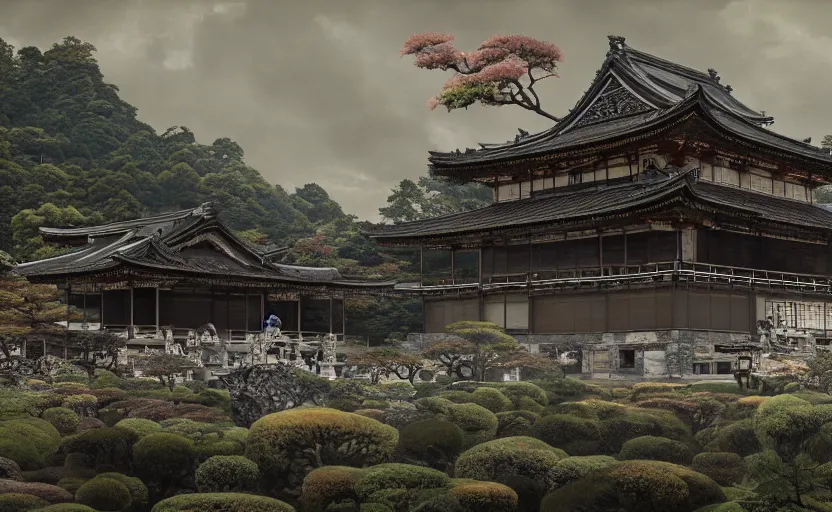 Image similar to highly detailed painting of old, ruined, japanese palace from sengoku period, surrounded by dense rock formations, high in mountains, cinematic lighting, photobash, unreal engine render, nanite