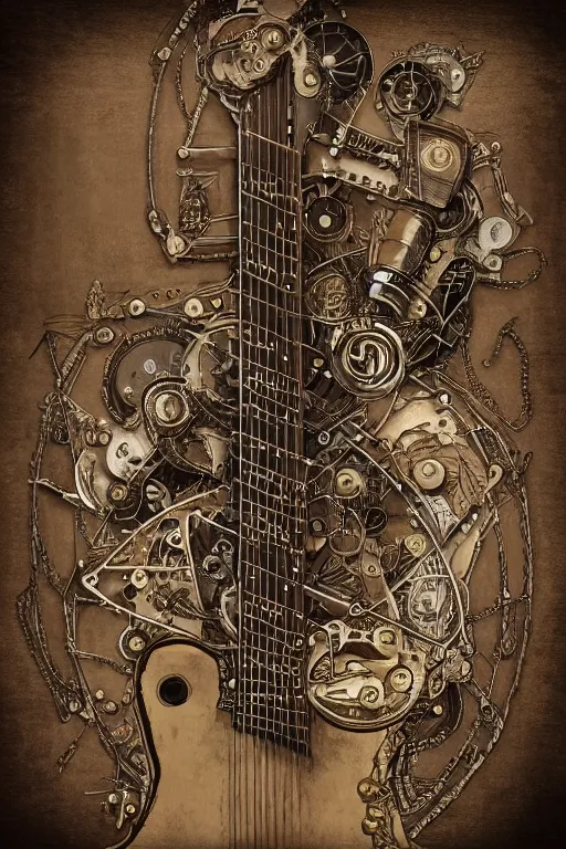 Image similar to an artistic representation of a fretboard, steampunk, intricate details