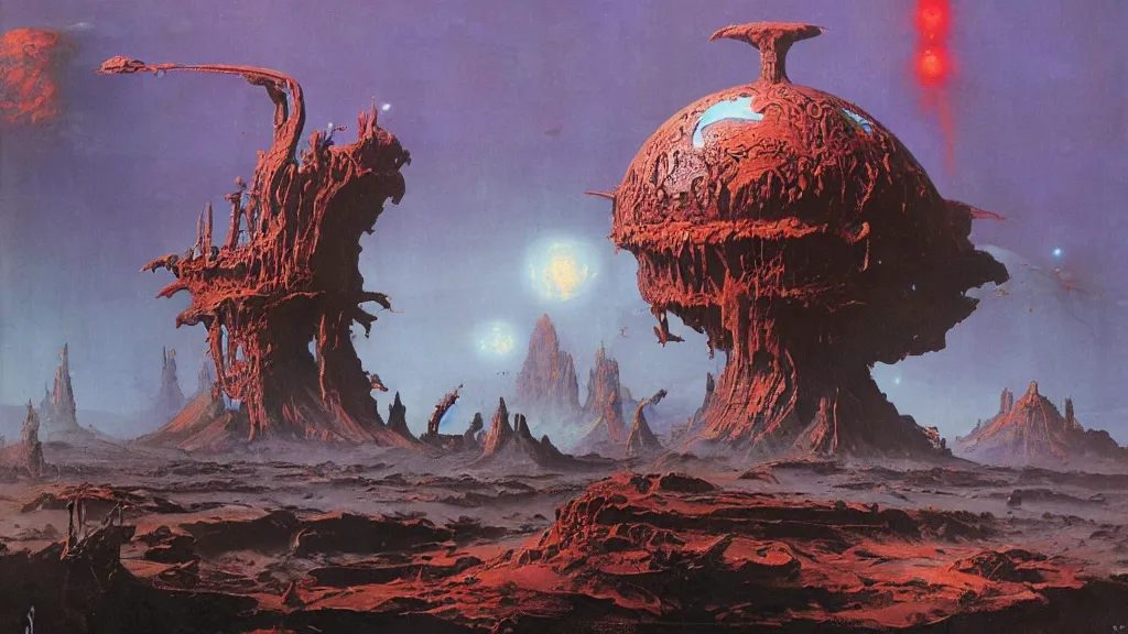 Image similar to surreal eerie alien planet empire by frank frazetta and bruce pennington, cinematic matte painting