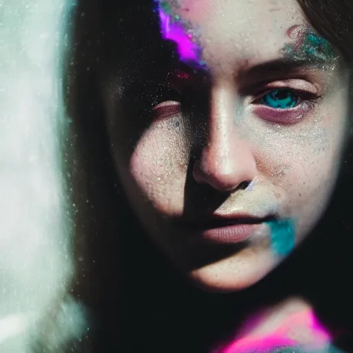 Image similar to beautiful female face portrait, beautiful portrait, photography by amy leibowitz and filip fedorov, urban city photography, close up portrait, cinematic still, film still, magic hour, dark mood, cold colors, sony, kodak, long exposure, art noveau painting, liquid marble fluid painting, neon glow