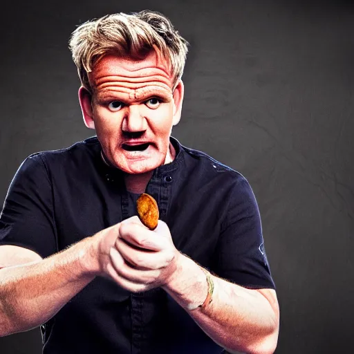 Prompt: <photograph quality=hd+>Gordon Ramsey yelling at a potato</photograph>