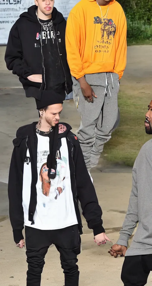 Prompt: pete davidson and kanye west holding hands at a sunset zoo park