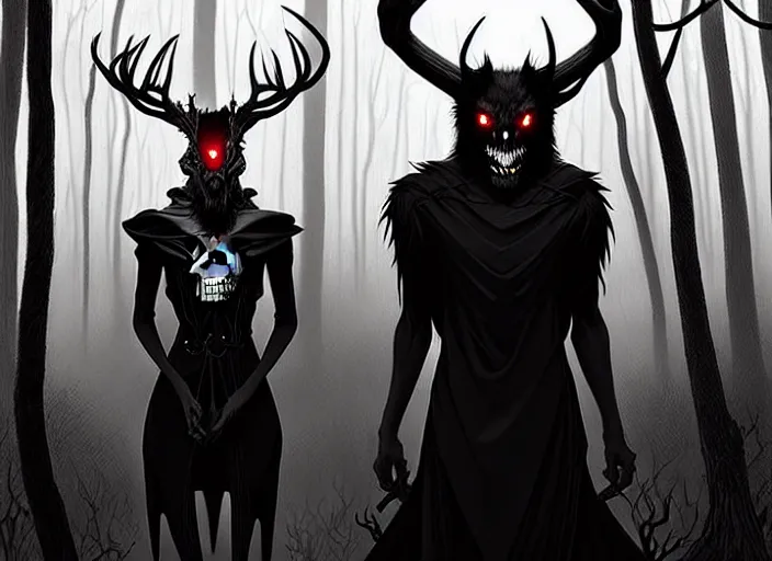 Image similar to style artgerm, joshua middleton, steve niles, diego fazio, marc simonetti : : scary wendigo with antlers and skull face mixed with werewolf : : [ beautiful witch wearing a black dress, symmetrical face, on the right side ] : : in the forest, detailed, dark and foggy, cinematic lighting